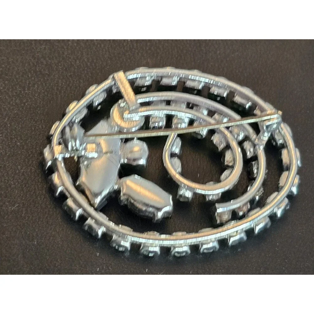 Vintage Black & Clear Rhinestone Swirl Brooch Silver Tone Mid Century Glam #462